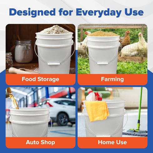 5 Gallon White Bucket & Lid - Durable 90 Mil All Purpose Pail, Food Grade, Made in The USA, 1 Pack