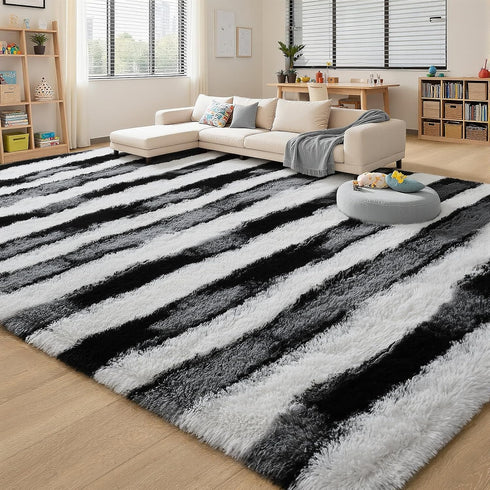 5x7 Black and White Fluffy Soft Plush Striped Area Rugs for Bedroom,