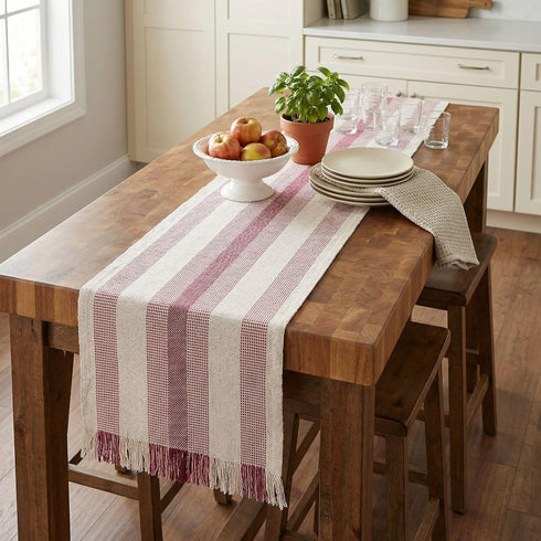 72 Inch Rosey Red Striped Table Runner Long for Dining Table, Console Tables , Entryway Decor - Natural Cotton Tassle /