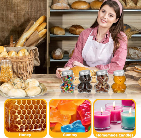 24 Pack 2.7 oz Patelai Glass Bear Shaped Honey Jars with Lids Reusable Small Tilted Bear Glass Bottles Containers
