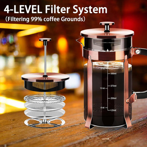 French Press Coffee Maker, 304 Stainless Steel, 4 Filters System, Heat Resistant Borosilicate Glass