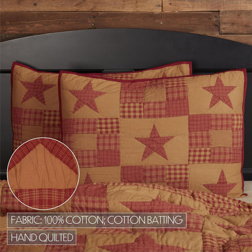 VHC Brands Ninepatch Star Hand Quilted Standard Sham, Red, 21x27 Bedroom Decor