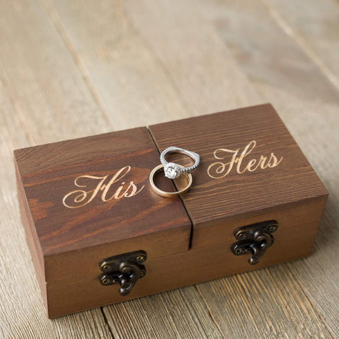 Ella Celebration Wood Ring Box for Wedding Ceremony, Rustic Vintage Ring Bearer Box, His & Hers