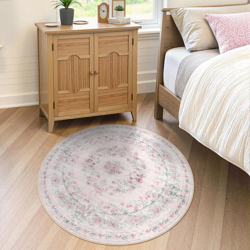 4ft Wonnitar Bow Print Washable Round Rug, Pink Circle Rug for Girl Nursery Decor, Non Slip Ultra-Thin Soft Boho Floral