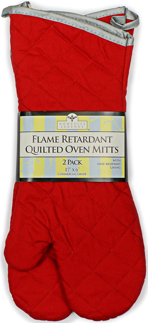 Nouvelle Legende Flame Retardant Quilted Oven Mitts, 17" Heavy-Duty, 2-Pack, Red