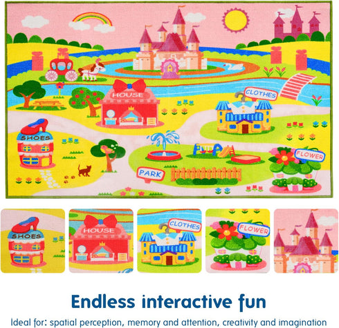 Play-Cozy Booooom Jackson Enchanting Kids Pink Castle Rug with Cartoon Park-Flower,Shoes,Clothes,House Design-Perfect