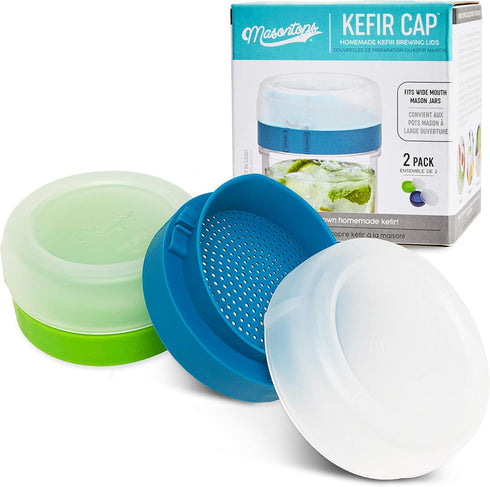 Masontops Kefir Lid Mason Jar Lids | Wide Mouth Living Culture Grain Drainer Starter Kit, 2 Packs