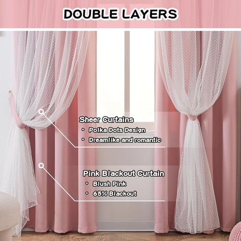 Grommet 52x84 Inch, 2 MYSKY HOME Pink Blackout Curtains for Girls Bedroom & Nursery Kids Blush Princess Double Layer