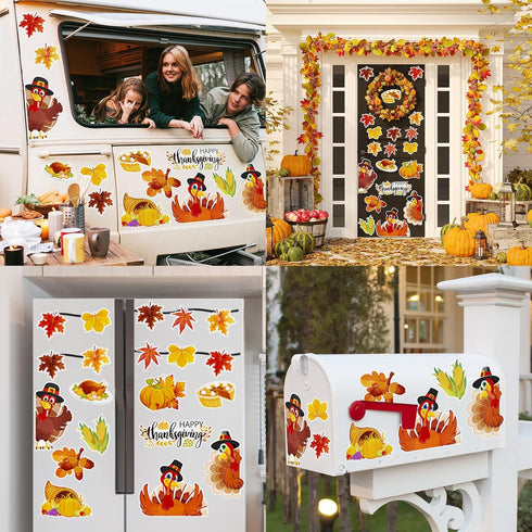 Whaline 20Pcs Fall Thanksgiving Reflective Car Magnets, Autumn Refrigerator Magnetic Stickers, Turkey Pumpkin Maple