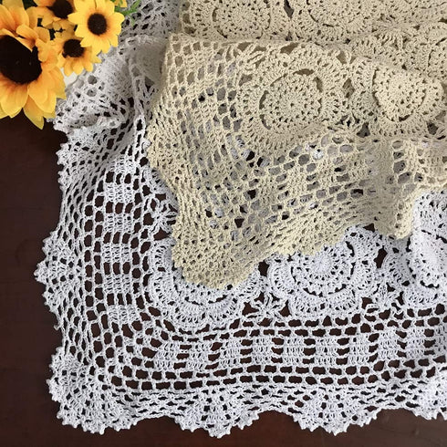 Hetao 100% 19 Inch Cotton Handmade Crochet Square Tablecloth Doilies Lace Table Covers,White