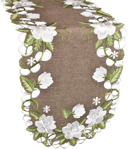 Beautiful White Magnolia Floral Design Table Runner with Green Leaves, Embroidered Cutwork Edges