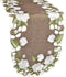 Beautiful White Magnolia Floral Design Table Runner with Green Leaves, Embroidered Cutwork Edges