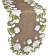 Beautiful White Magnolia Floral Design Table Runner with Green Leaves, Embroidered Cutwork Edges