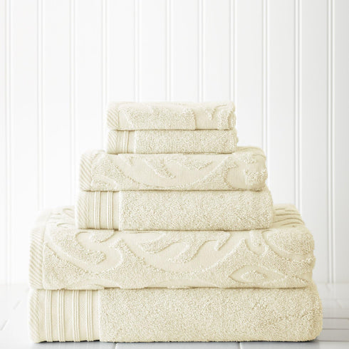 6 Set-Medallion Modern Threads Piece Jacquard/Solid Towel Swirl Ivory