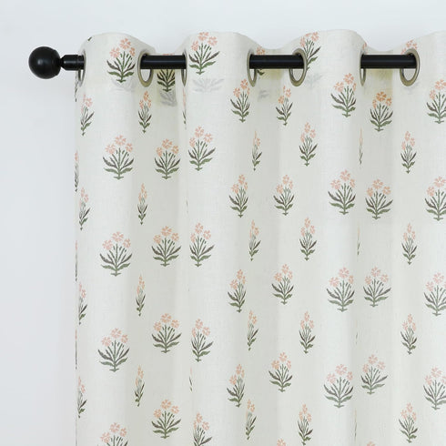 2 Sets Pink Curtains Panel for Bedroom Girls Nursery,Light Blush Pink and Green Floral Boho Cute Sheer Curtains