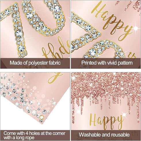 70th Birthday Door Banner Decorations - Pink Rose Gold Happy 70th Birthday Poster Sign for Party Supplies