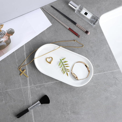 White Round Soap Dispenser Tray, 8'' Ceramic Vanity Tray for Bathroom, Jewelry Ring Dish, Kitchen Sink Organizer