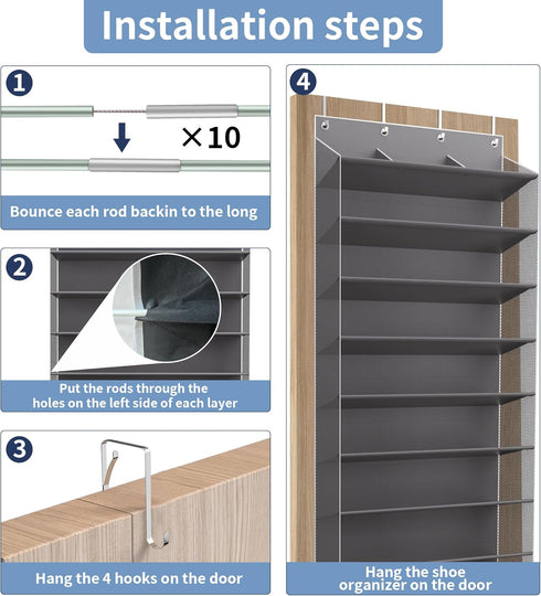 TAHAVICE 30 10-Tier Closet, Pairs Over The Door Shoe Organizer, Hanging Shoe Rack with Deep Pocket for Extra Large Shoe