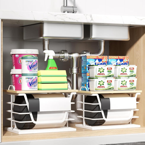 Countertop Trash Bag Holders with Wood Top, Large & Small Garbage Bag Dispenser for Kitchen, Pantry, Laundry Room