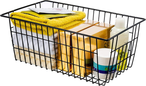 iPEGTOP Wire Freezer Storage Baskets, Set of 2 Farmhouse Bins with Handles for Kitchen Cabinets, Pantry, Black