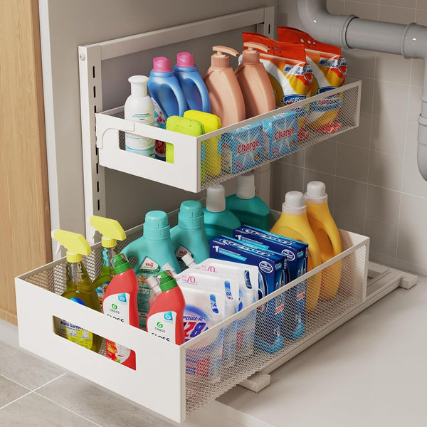 Adjustable Height Under Sink Organizer, 2 Tier Bathroom Storage, Pull Out Cabinet Organizer, White, XL - 1 Pack