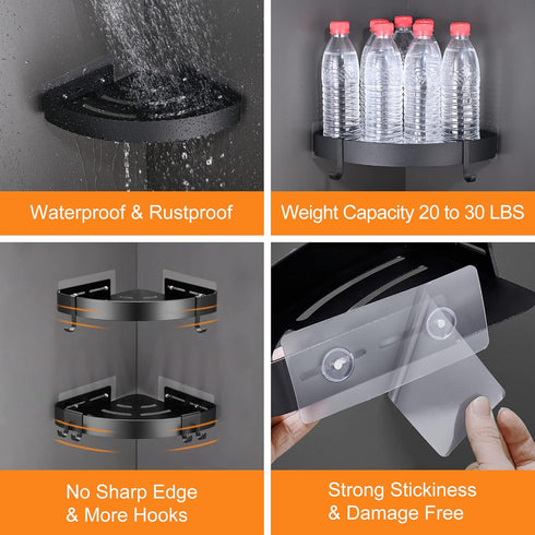2 Pack DUFU Adhesive Corner Shower Caddy with Hooks,Bathroom Shower Organizer, No Drilling Rust Proof Aluminum Shower