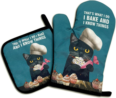 That's What I Do I Bake and I Know Things, Funny Oven Mitts & Pot Holders Set, Cat Kitchen Gift