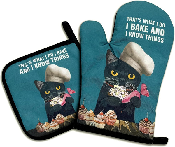 That's What I Do I Bake and I Know Things, Funny Oven Mitts & Pot Holders Set, Cat Kitchen Gift