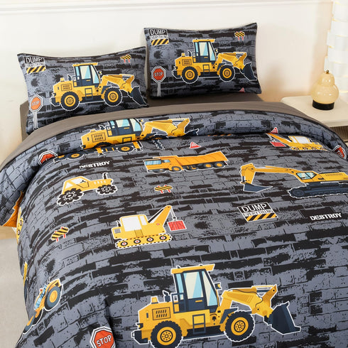 Set 5 Sets Sets ANGIYUIN Twin Boys Comforter Pcs Gray Construction Bed in A Bag for Kids Teens Excavator Trucks Bed