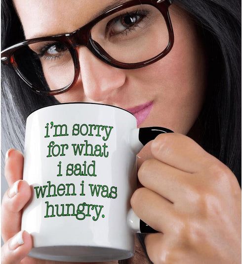 3dRose I'm Sorry For What I Said When I Was Hungry - Lime Green Two Tone Mug, 11 oz, Black