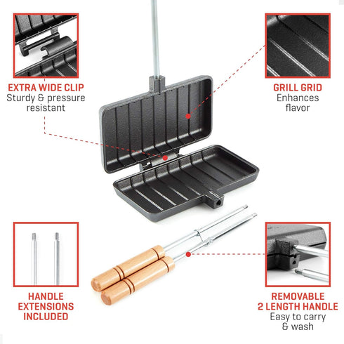 Uno Casa XL Pie Irons Cast Iron Sandwich Maker, Mountain Pie Maker with Recipe Book for Campfire Cooking
