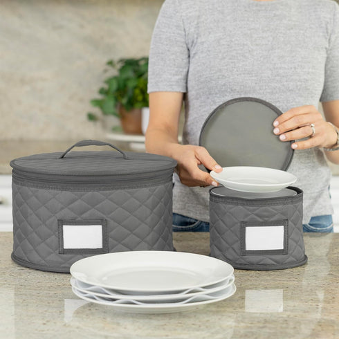 2 Pack 10" Quilted Salad Plate Cases - Stackable China Storage Container with Padded Interior for Dinnerware Dishes