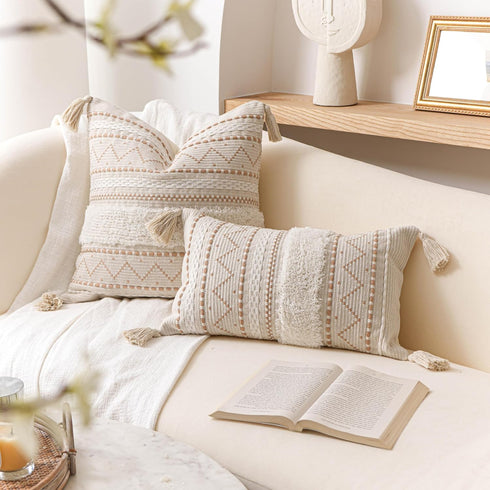 18X18 BlissBlush Throw Pillow Cover, Cream Neutral Beige Square Decorative Cushion Cover, Boho Accent Pillowcase
