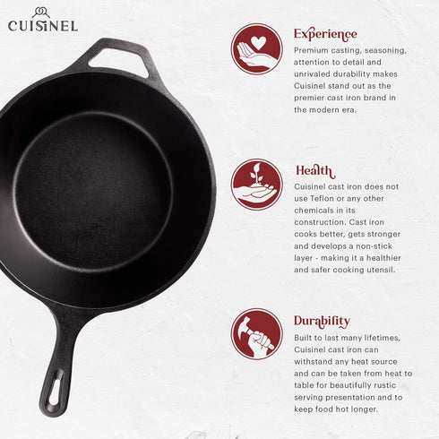 Cuisinel Cast Iron Skillet + Lid, 2-In-1 Multi Cooker, 3-Qt Dutch Oven, Pre-Seasoned Oven Cookware