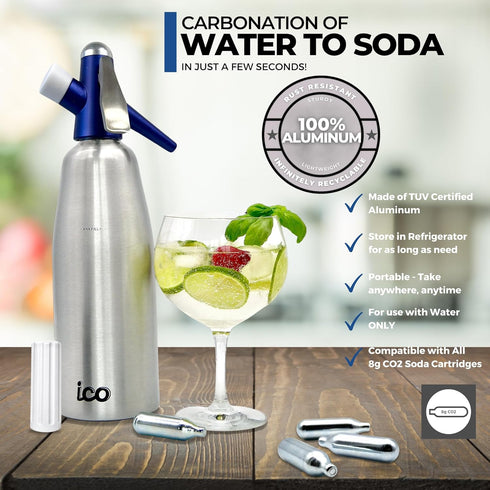 8g C02 1L/1 ICO Soda Siphon, Sparkling Water Maker, Soda Maker, Carbonated Water Machine for Fresh Soda Water