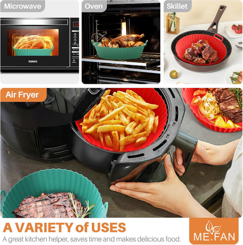 ME.FAN Air Fryer Silicone Liners, 2 Pack for 4 to 7 QT, Reusable Basket with Handles & Holes, Rose Pink & Light Grey