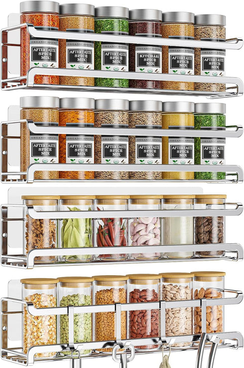 Spice Rack Wall Mounted 4 Pack, Space-Saving Organizer for Spice Jars and Seasonings, Chrome