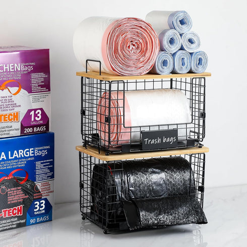1 Pack Counter Stackable Storage Trash Bag Baskets with Bamboo Top, Large & Standard Trash, Garbage Bag Holder