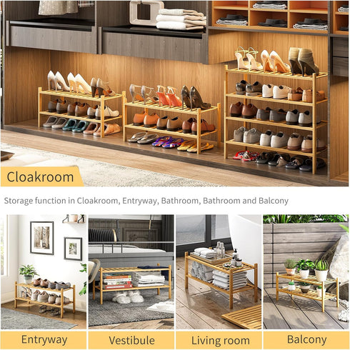 Furshus 2-Tier Closet Bamboo Shoe Rack for Entryway, Stackable | Heavy Duty | Multi-Function, Free Standing Shoe Racks