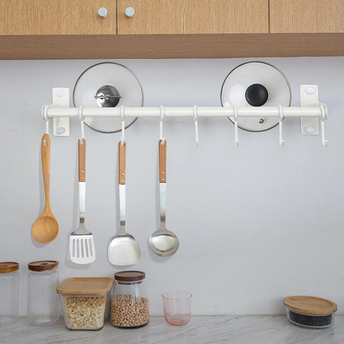 Dseap Pot Rack, Hanging Rack Rail with 8 Hooks, Wall Mounted Pot Hangers for Kitchen, White