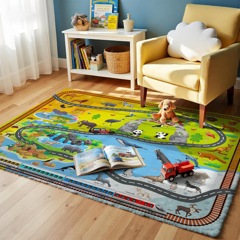 5x7ft Nayoroom Wildlife Park Play Rug - Kids Carpet with Animals Words Design, Non-Slip Faux Wool Educational Rug