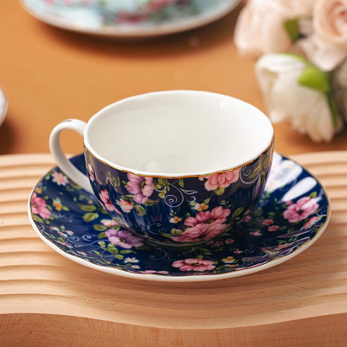 Set 6 (7 oz), Set 6, BTaT- Floral Tea Cups and Saucers of Porcelain Tea Cups of Modern Midnight Floral Design with Gold