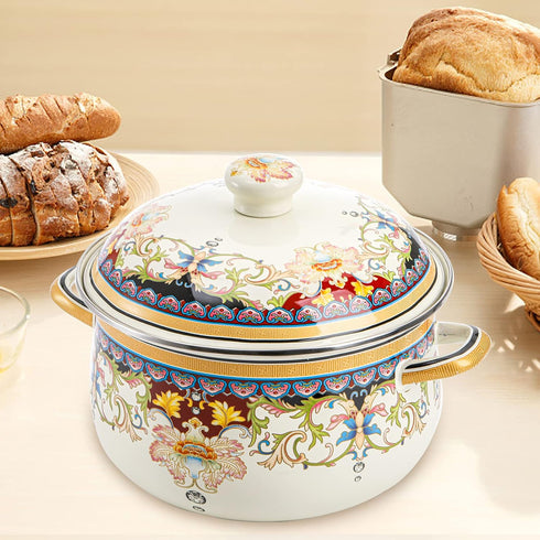 ZENFUN Kitchen Enamel Stockpot with Lid, 3.5 Quart Retro Flower Stew Bean Cooking Pot, Nonstick, Safe for Induction