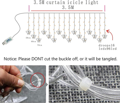13ft 96 16 8 Decorman Butterfly Curtain Lights, LED USB Window Fairy Lights Butterflies Modes Firefly Twinkle Timer