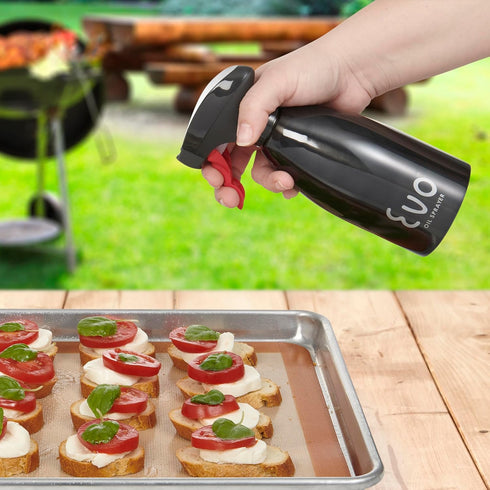 Evo Oil Sprayer 18/8 Stainless Steel Non-Aerosol for Olive, Cooking Oils, Vinegars, Black, 16-Ounce Capacity