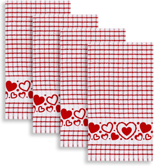 Cackleberry Home Bubbly Hearts Windowpane Check Cotton Terrycloth Kitchen Towels, Set of