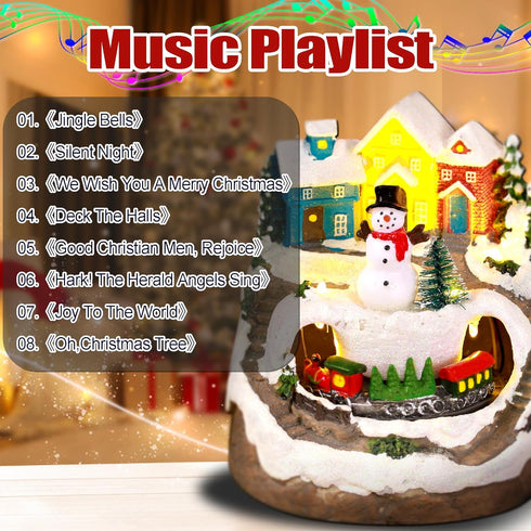 Musical Christmas Village Houses with LED Light & Rotating Train, Ornaments Centerpiece Decor with USB and Battery