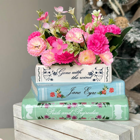 Small Book-Shaped Decorative Planter - Ceramic Vase for Flowers - Cute Bookshelf Home Bedroom Office Decor - Unique