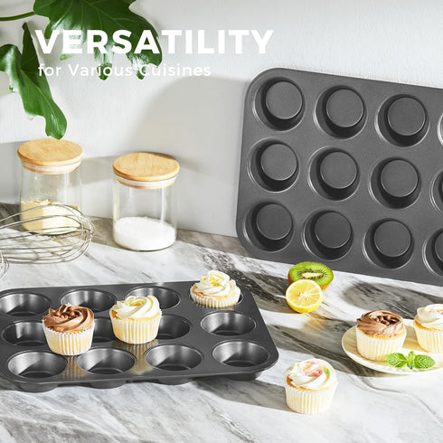 HONGBAKE Muffin Pan for Baking, Nonstick 12 Cup Cupcake Tin, 2 Pack Premium Cheesecake Pans, Dishwasher Safe - Dark Grey
