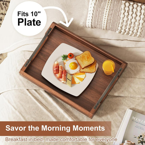 WBKATN 17 Inch Acacia Wood Ottoman Tray for Living Room, Wooden Serving Tray with Metal Handles, Large Serving Trays